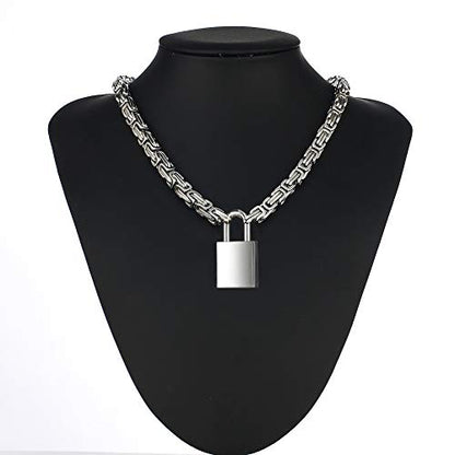 Heart Padlock Collar Stainless Steel Lock Necklace Byzantine Chain Necklace Locking Collar Choker for Men Women Jewelry - style: C