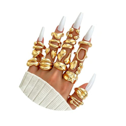 Chunky Rings for Women Non Tarnish 14k Stackable Dome Statement Rings Sets Vintage Dainty Knuckle Open Midi Finger Rings Jewelry Pack Gifts - style: Stackable