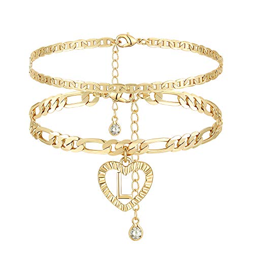YANODA Initial Ankle Bracelets for Women 14K Gold Plated Layered Figaro Chain Letter Initial Anklets Handmade Layered Heart Ankle Bracelets Personalized Jewelry for Women - color: L