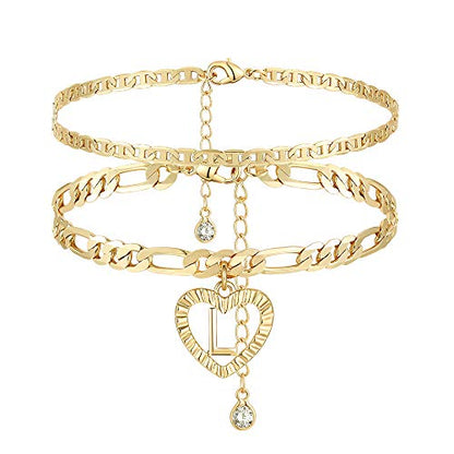 YANODA Initial Ankle Bracelets for Women 14K Gold Plated Layered Figaro Chain Letter Initial Anklets Handmade Layered Heart Ankle Bracelets Personalized Jewelry for Women - color: L