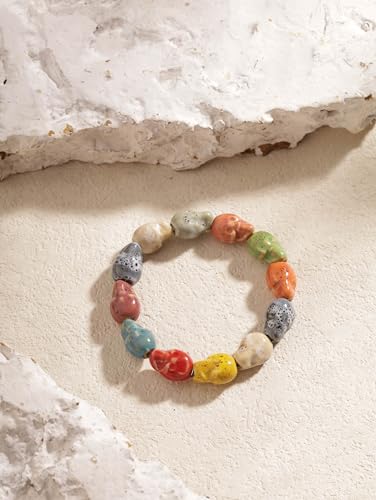 Boho Hippie Colorful Ceramic Beads Strand Stretch Bracelet, Bohemian Summer Beach Jewelry Gift for Women - color: S07