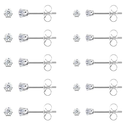 10 Pairs Small Stud Earrings for Women Hypoallergenic 316L Surgical Steel Tiny Cubic Zirconia Earrings for Sensitive Ears Multiple Piercing Stackable Studs - color: Silver