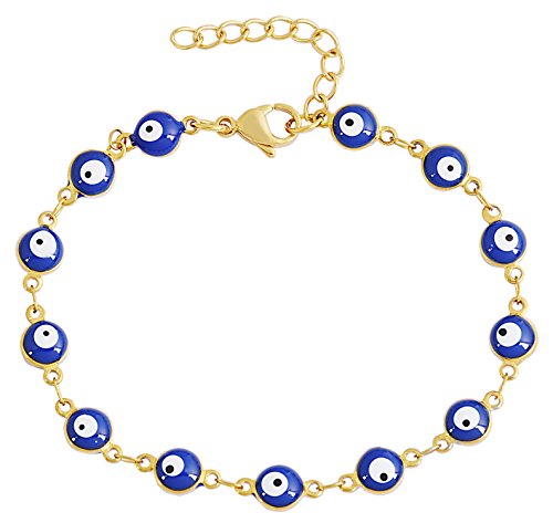 Women's Charm Enamel Evil Eye Protection Link Chain Bracelet - color: Gold,Blue