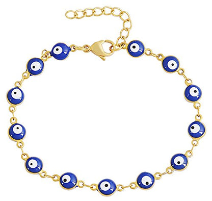 Women's Charm Enamel Evil Eye Protection Link Chain Bracelet - color: Gold,Blue