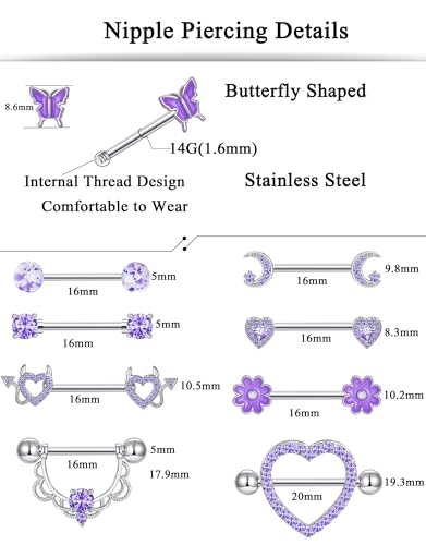 9 Pairs Nipple Rings Stainless Steel Heart Butterfly Moon Flower CZ Barbell Tongue Rings Set Cute Nipplerings Piercing Jewelry for Women Pink Silver Tone - color: D: Purple Tone