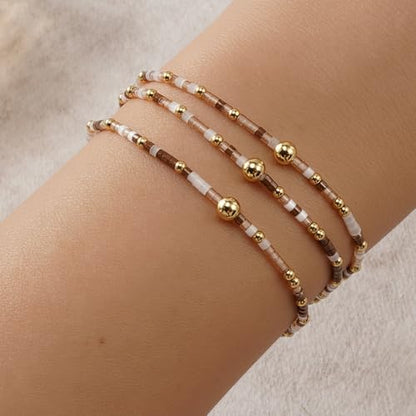 Colorful Gold Beaded Bracelets for Women Boho Tiny Gold Plated Ball Stretch Stackable Small Seed Beads Bracelet Stack Trendy Jewelry Set Dainty Vacation Friendship Christmas Gifts for Women - color: Brown
