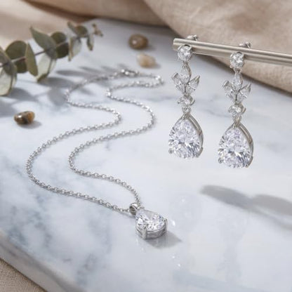 Teardrop Wedding Jewelry Set for Women, Silver Necklace and Earrings Set, Cubic Zirconia Bridal Jewelry for Bride Bridesmaid Prom Party
