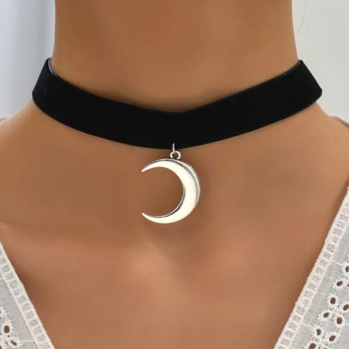 Fesciory Black Necklaces for Women, Adjustable Layered Velvet Leather Lace Collar Necklace, Goth Jewelry Gifts. - color: Moon(Silver)1