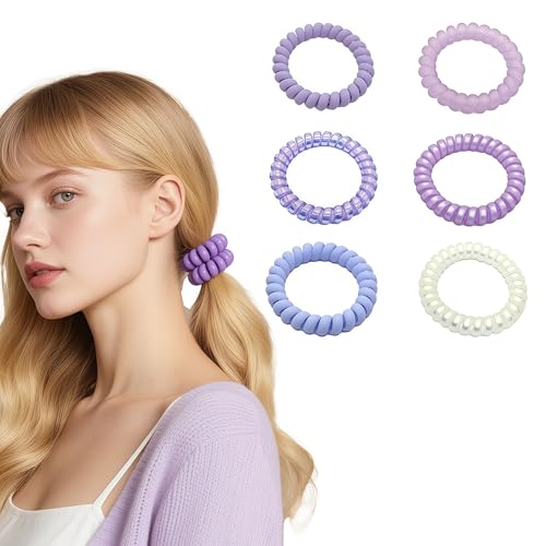 Spiral Hair Ties 6-Pack, Telephone Cord Coils Crease-Free & Dent-Free, Soft Plastic Resin Ponytail Holders for Women, Styling Accessories Gift Set