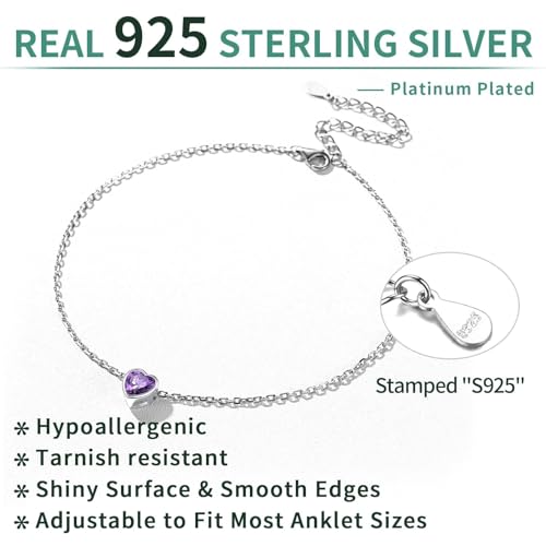 ChicSilver 925 Sterling Silver Anklets for Women, Simple Dainty Round/Heart Birthstone Ankle Bracelet Beach Foot Jewelry, 8.7-10.7 Inch Adjustable - color: 02. Heart - February(Amethyst)