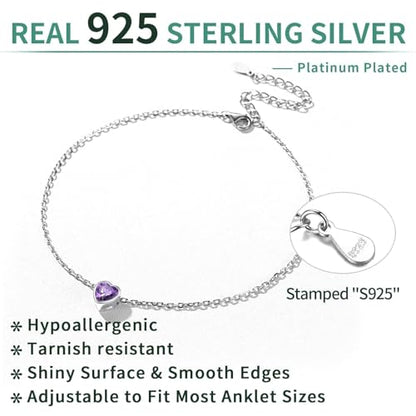 ChicSilver 925 Sterling Silver Anklets for Women, Simple Dainty Round/Heart Birthstone Ankle Bracelet Beach Foot Jewelry, 8.7-10.7 Inch Adjustable - color: 02. Heart - February(Amethyst)
