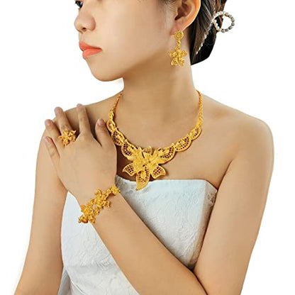 indian Women Jewelry Necklace Set african Dubai Bride Wedding Prom Fashion Jewelry 24K Gold Plated Necklace Bangles Rings Earrings - color: S-58