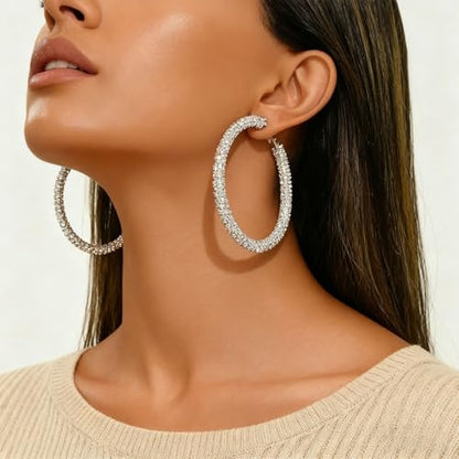 Large Silver Rhinestone Hoop Earrings Sparkly Big Hoop Earrings for Women Bling Chunky Silver Hoops 40/50/60/70mm Trendy Prom Wedding Christmas Jewelry - style: Diameter - 70mm