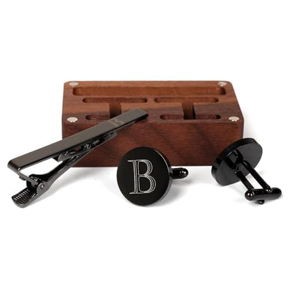 Mens Initial Cufflinks and Tie Clip A-Z Alphabet Letter Black Stainless Cuff Links Tie Bar with Engraved Walnut Wood Box Groom Groomsman Wedding Set - style: Classic-B