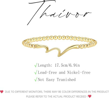 Beaded Bracelets for Women 14K Silver Gold Plated Stretch Handmade Ball Bracelets Cute Charm Bracelet Dainty Stackable Cross Heart Bow Wave CZ Circle Trendy Jewelry Easter Gifts - color: wave