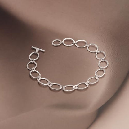 LeCalla 925 Sterling Silver Hammered Link Bracelets for Women | Handmade Bohemian Textured Chain & Oval Link Bracelet | Women's Adjustable Paperclip, Circle & Oval Hammered Bracelets - color: T Bar Oval Link