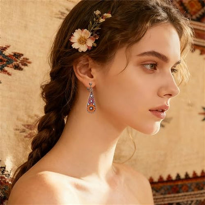 6 Pairs Bohemian Copper Crystal Teardrop Clip On Earrings for Women Handmade Colorful Enamel Floral Dangle Drop Earrings Retro Tribal Style Geometric Design Jewelry Gifts - color: Brown