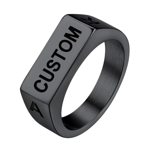 Bestyle Stainless Steel Signet Ring for Men Women in Gold/Black/Silver/Vintage Gray Tone, Chunky Thick Heavy Dome Band Ring Cool Finger Ring, Gift for Dad Husband, Size 7-14 Customizable - color: 02.Black-Rectangle-Custom