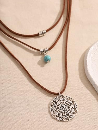 MINACHI Bohemian Retro Style Multi Layer Necklace, Green Crystal Sun and Floral Pendant, Ethnic Jewelry for Women - style: Necklace 7L-UJ7U