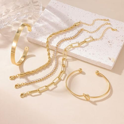 PLOMFOV Gold Bracelets for Women Stack Non Tarnish 14K Gold Plated Chunky Gold Bangles Bracelet Set Beaded Paperclip Chain Cuban Link Dainty Trendy Waterproof Stackable Cuff Bracelets Jewelry Gifts for Women - color: 5Pcs Gold-CZ Set