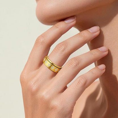 Fidget Anxiety Rings for Women 14K Gold Silver Plated Spinner Band Ring 8mm Thick Stainless Steel Statement Rings Jewelry Gifts Size 6-10 - color: Gold-Rotation