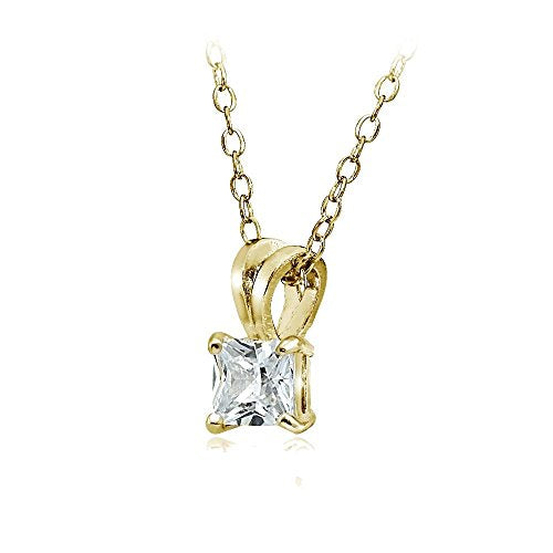 Hoops & Loops Sterling Silver, Yellow Gold Flash or Rose Gold Flash CZ Cubic Zirconia Square Solitaire Pendant Necklace - style: 5mm-Yellow Flash Silver