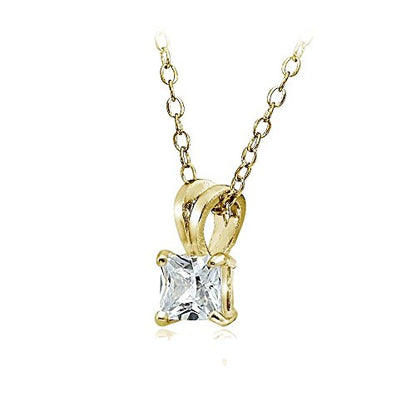 Hoops & Loops Sterling Silver, Yellow Gold Flash or Rose Gold Flash CZ Cubic Zirconia Square Solitaire Pendant Necklace - style: 5mm-Yellow Flash Silver