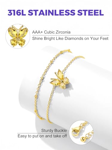 Richsteel Double Layer Heart/Butterfly Birthstone Anklet for Women | Non Tarnish Waterproof, Silver/Gold/Black Stainless Steel 8.5-10.5 Inch Adjustable Chain Anklets Summer Beach Foot Jewelry - color: Gold Butterfly-11 Nov.(Yellow Topaz)
