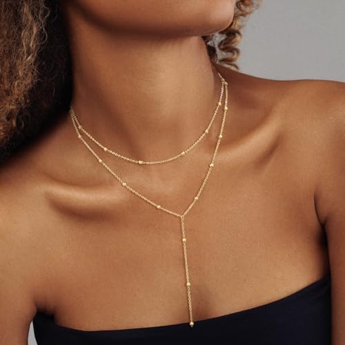 Lariat Gold Necklaces for Women Trendy Dainty Long Necklace 14k Gold Plated/Silver Layered Drop Beaded Chain Necklaces Y-shaped Pendant Necklace Simple Gold Jewelry Gifts - color: Beaded-Gold
