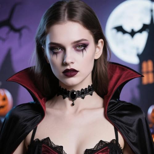 Gothic Lace Choker Vampire Necklace for Women,Black Lace Red Crystal Pendant Necklaces for Halloween,Goth Black Necklace Jewelry Witch Costume Vampire Accessories - style: BB