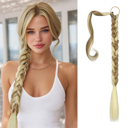 Long Braid Ponytail Extension with Hair Tie Straight Sleek Wrap Around Hair Extensions Braid Pony Tail Fluffy Natural Synthetic Hairpieces for Women Daily Wear,26 inch- Brown & Bleach Blonde - color: Light Ash Brown & Bleach Blonde, size: 26 Inch (Pack of