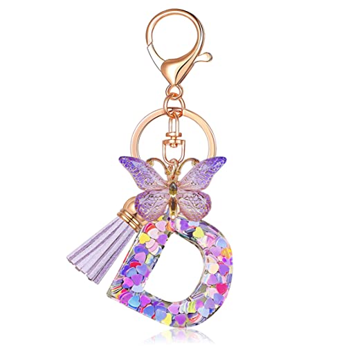 JINGUAZI Butterfly Initial Letter Keychain Bag Charms for Women | Cute pendant accessories for purses, handbags, backpacks, car keys, small gift for her young women, mothers, teachers - color: D-purple