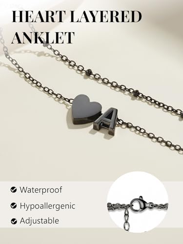 Ankle Bracelets for Women Waterproof 14K Gold/Silver/Black Initial Anklet for Women Dainty Layered Heart Ankle Bracelets Stainless Steel Adjustable Foot Chain Anklet Summer Beach Jewelry - color: A-Black