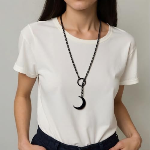Slip Chain Choker for Women Handmade Black Stainless Steel Cuban Chain Chunky Moon Bat Raven Skull Pendant Gothic Punk Rock Collar Adjustable Lariat Y Necklace for Men - style: Moon