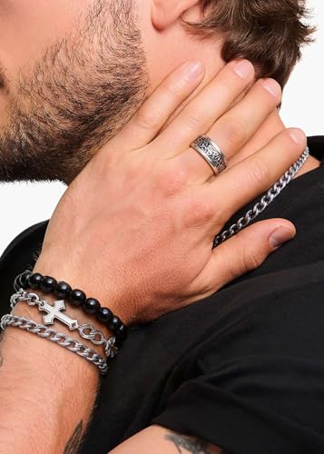 RIOSO Jewelry Set for Men Silver Stainless Steel Cuban Link Necklace Bracelet Rings Hoop Stud Earrings Mens Jewelry Set - size: 8