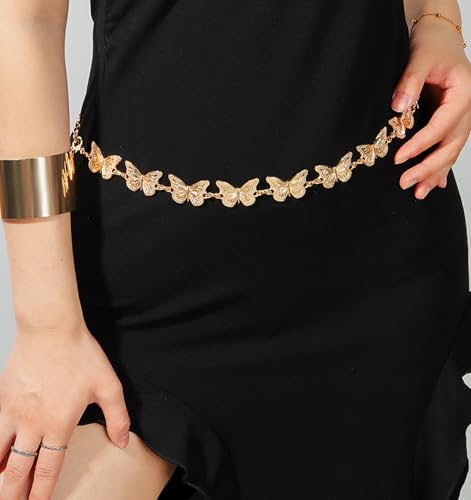 QWALIT Silver Gold Chain Belt for Women Fashion Waist Chain Belt Star Butterfly Metal Belt Music Festival Y2K Accessories - style: C1- Butterfly- gold