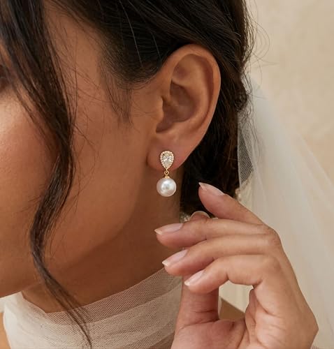 Pearl Earrings for Women Trendy, 14k Gold Plated Freshwater CZ Leaf Pearl Dangle Drop Gold Earrings Lightweight Hypoallergenic Stud Earring Bridesmaid Wedding Gold Jewelry for Women Gifts - style: cz big pearl earrings