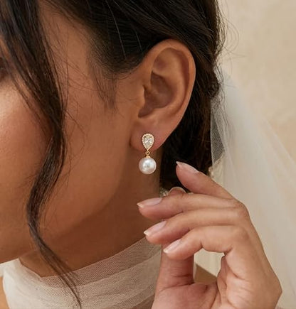 Pearl Earrings for Women Trendy, 14k Gold Plated Freshwater CZ Leaf Pearl Dangle Drop Gold Earrings Lightweight Hypoallergenic Stud Earring Bridesmaid Wedding Gold Jewelry for Women Gifts - style: cz big pearl earrings