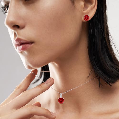 Rose Cut Silver Solitaire Necklace and Earring Set for Women, Jewelry Gift | Rose Cut, Cubic Zirconia, Necklace and Stud Earrings Set, Jewelry Set, Minimalist - color: Garnet Red