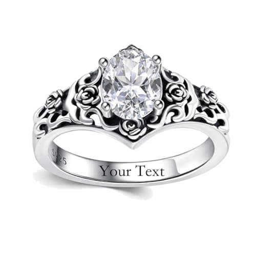 1 CT Oval Cut Gemstone Vintage Filigree Ring 925 Sterling Silver Retro Rose Teardrop Birthstone Statement Ring Anniversary Jewelry Gifts for Women Ring Size 4-13 - color: April-Moissanite