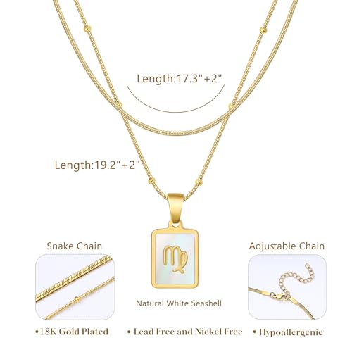 LETFLY Layered Zodiac Necklace for Women 18K Gold Natural Shell Pendant | Birthday Gifts for Women, Daily Wear, Hypoallergenic Material, Personalized Constellation Pendant, Adjustable, Snake Chain - style: Virgo