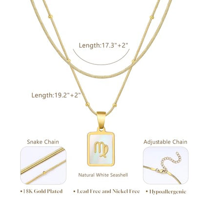 LETFLY Layered Zodiac Necklace for Women 18K Gold Natural Shell Pendant | Birthday Gifts for Women, Daily Wear, Hypoallergenic Material, Personalized Constellation Pendant, Adjustable, Snake Chain - style: Virgo