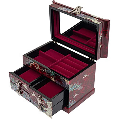 February Mountain Mother of Pearl Wooden Jewelry Organizer Box – Jewelry Storage Box for Women, Features Spacious Drawers, Ideal for Rings, Bracelets, Watches, Chains, Accessories (Crane_Red) - style: Crane_Red