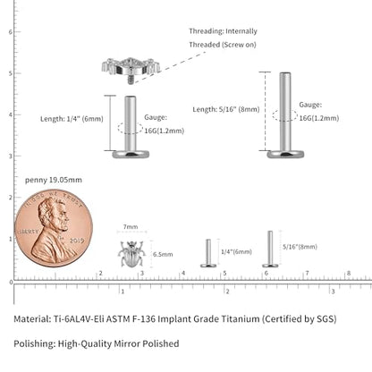 16G 6mm 8mm ASTM F136 Titanium Cartilage Piercing Jewelry Stud for Tragus Helix Conch Flat - color: Beetle - Tit