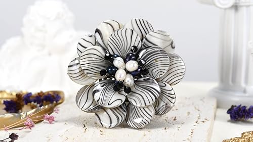 AeraVida Wild & Stylish Black & White Pearls with Painted Stripes on Mother of Pearl Seashell Floral Brooch Pin for Retro Zebra or Animal Print Inspired Fashion Accessories