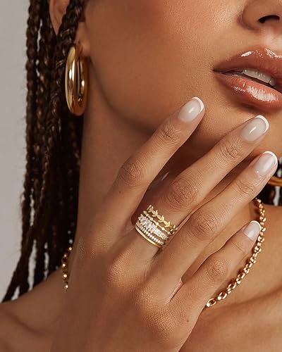 Stackable Gold Rings for Women Non Tarnish Chunky 14K Gold Plated Stacking Cubic Zirconia Engagement Thumb Ring Set Stack Pack Statement Wedding Band Rings Promise Rings Gold Jewelry - color: D-5Pcs Engagement Rings