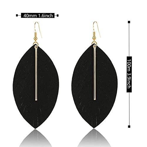 YUNXI Large Genuine Soft Leather Handmade Fringe Feather Lightweight Leaf with Simple Drop Metal Bar Tear Drop Dangle Color Earrings for Women - color: Black