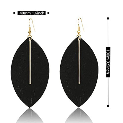 YUNXI Large Genuine Soft Leather Handmade Fringe Feather Lightweight Leaf with Simple Drop Metal Bar Tear Drop Dangle Color Earrings for Women - color: Black