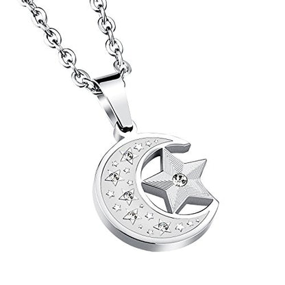 HIJONES Men's Stainless Steel Retro Islamic Crescent Moon Pendant 20 Inch | Star Charm, Necklace
