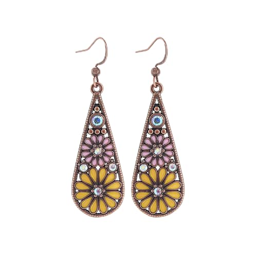 Bohemian Crystal Teardrop Dangle Earrings, Copper, Tribal Geometric Design, Handmade National Style for Women - color: Yellow